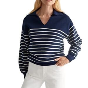 & Other Stories White Striped Blue V Neck Collared Cotton Sweater